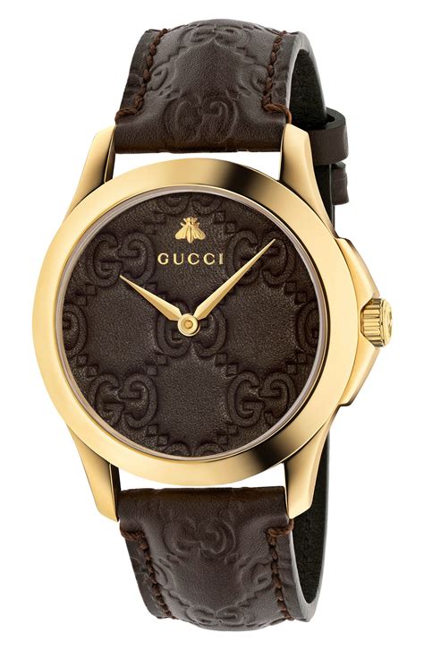 gucci rose gold face watch and brown leather band|Gucci gold bracelet watch.